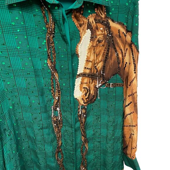Vintage Diane Gilman Pure Silk Sequin Embellished Horse Print Button Up Green 1X - Picture 2 of 9